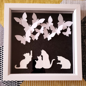3D V21 Box Frame Cats and Butterflies White