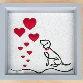 3D V20 Box Frame Dog with Hearts in Grey Frame Hand-Cast