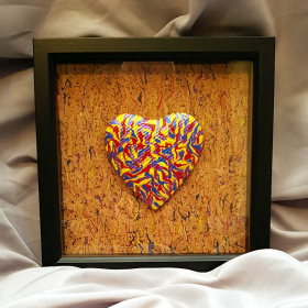 3D Multicoloured Heart Framed on Cork Hessian V14