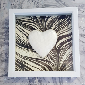 3D White Heart Box Framed Black White Swirls V12