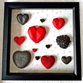 3D Red and Black Hearts with Black Frame Hand-Cast V18